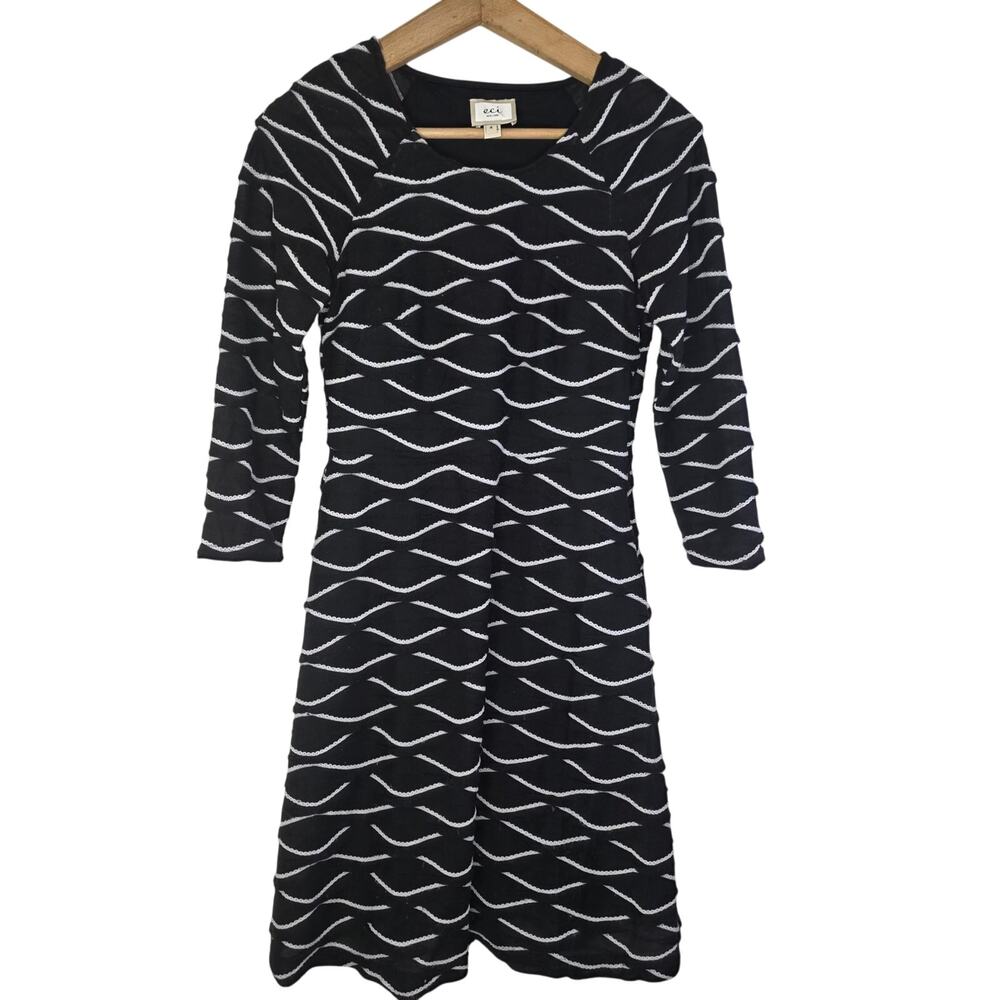 ECI New York Dress Size 4 Black Wave Striped 3/4 Sleeve Causal Knee Length